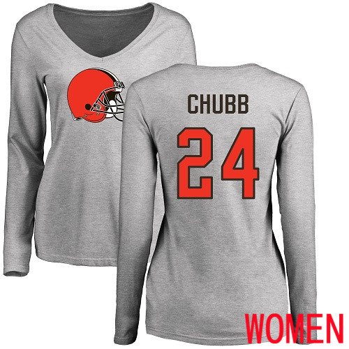 Cleveland Browns Nick Chubb Women Ash Jersey #24 NFL Football Name and Number Logo Long Sleeve T Shirt